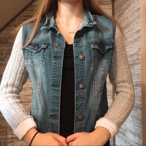 denim jacket with sweater sleeves